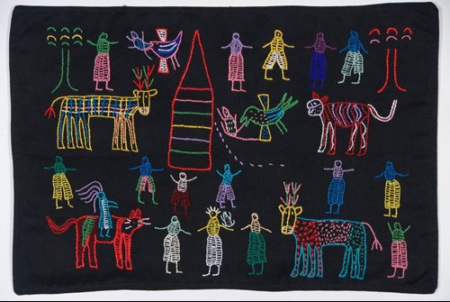 embroidery of seven legged deer like creatures and people