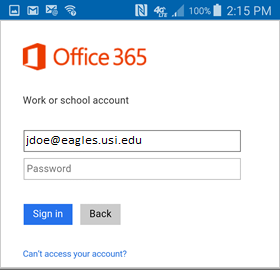 Office 365 Android login screen