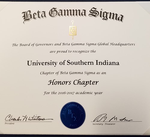 USI Chapter of Beta Gamma Sigma recognized as an Honors Chapter