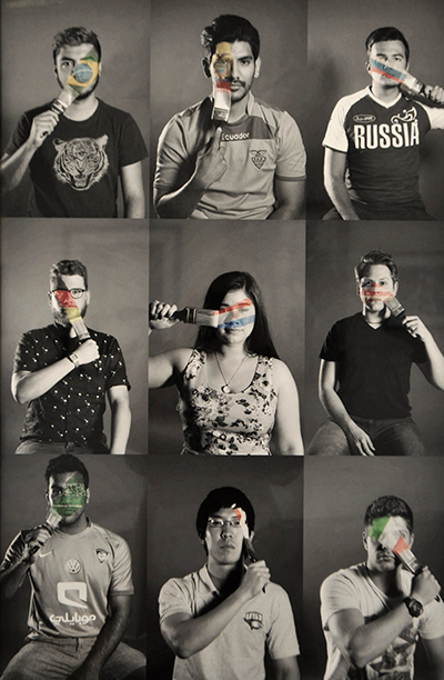 Pictures of various people using paintbrush to either add or remove flag from their face