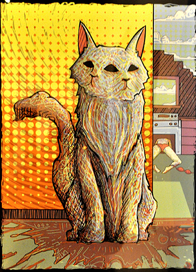 Cat illustration with two faces, figure in background