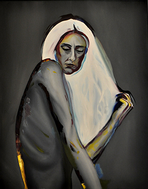 Painting (possibly self portrait, dark female figure with bright white hair- Corie Sowders, Modified Self