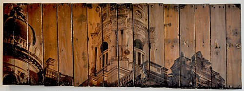 Photo of Evansville old courthouse transferred onto wooden slats - Kayla Hands, Courthouse
