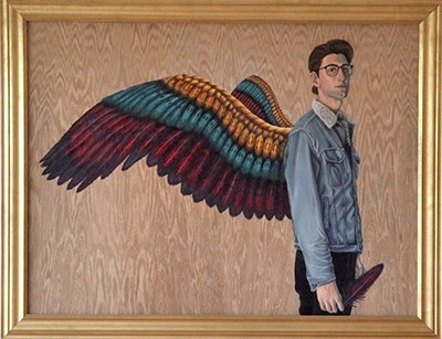 painting of man with large bird wings, wearing regular clothes (jean jacket, glasses, black pants), he holds a feather. Livia Alexander, Marginalized Masculinity