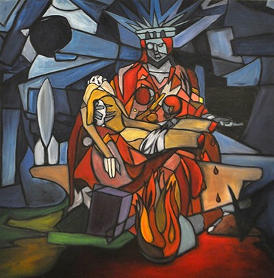 Painting in the style of stained glass-- figure that looks like the statue of liberty sits holding another figure that is bleeding from where their lower legs should be. Torch lays on the ground next to them. Patrick Bennett, Children of War