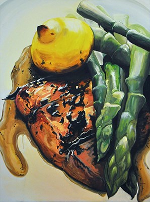 Painting of meat, with asparagus, lemon close up. Tabatha Chin, Meal 1