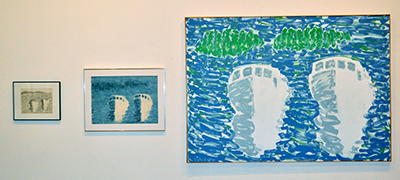 Three pieces, first a small sketch, framed, then a small painting, then a larger painting of the two lobsterboats, white with blue and greenish background