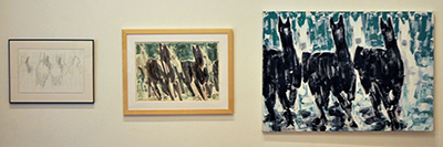 Three pieces: all of six horses an abstract depiction of 3 black horses running with three white horses running behind them over a blue background-- first is a framed sketch, second is a small painting, then last is a larger painting