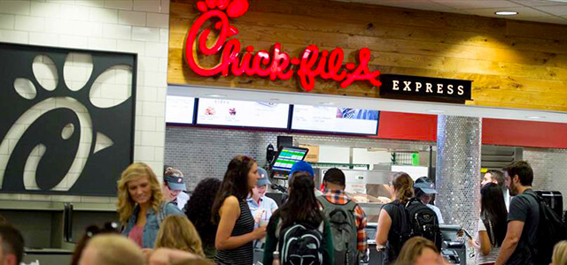 Students lined up outside of the Chick-fil-A that is on campus