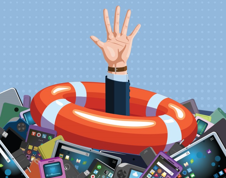 Hand reaching for a lifesaver inflatable in a sea of cell phones