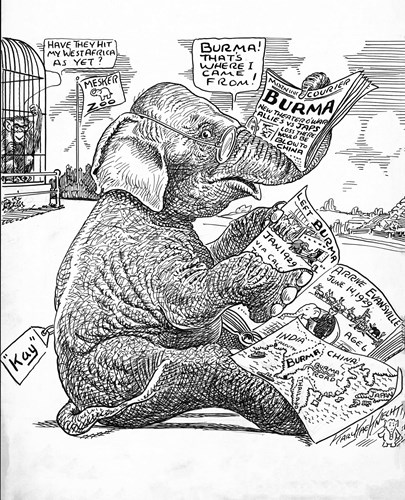 Karl Kae Knecht's political cartoon sketch including Kay the elephant