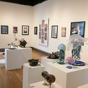 View of gallery showing paintings, ceramics, photography, sculptures