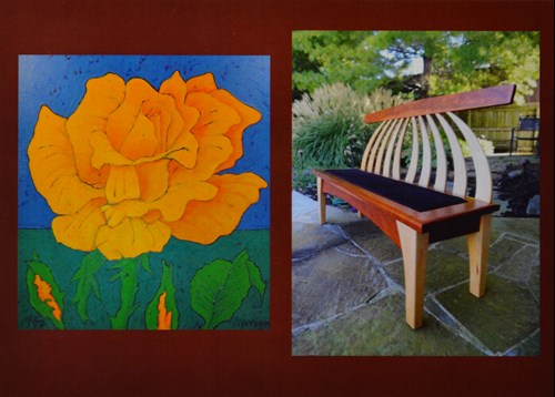 image of a flower painting and a wooden bench