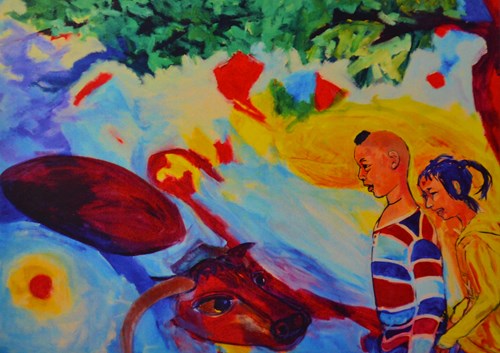 painting of two people, a bull in water, and a tree