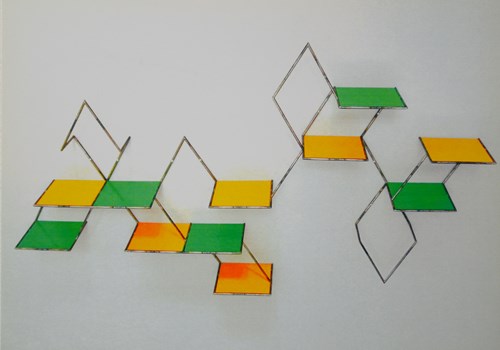 metal shelf construct with yellow and green pannels
