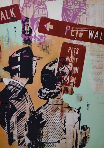mixed media print of a couple and street signs