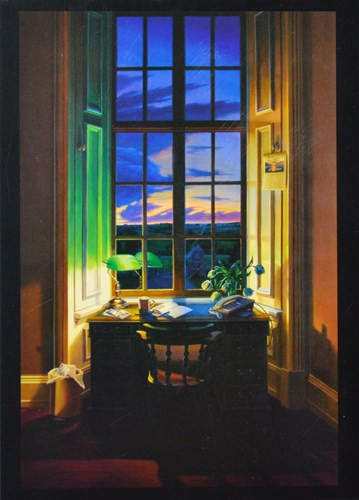 painting of a lamp on a desk near a window as the sun sets
