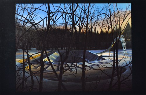 Painting of an empty pool in winter at daybreak