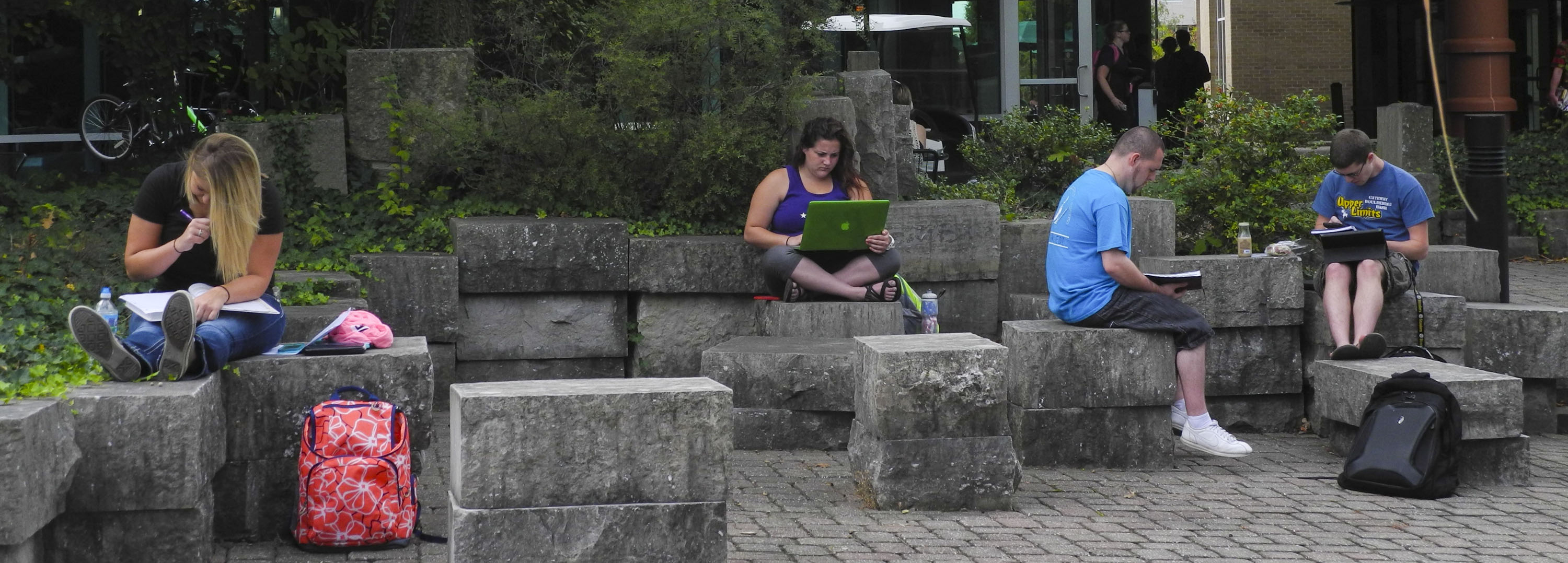 Students studying in Rice Plaza