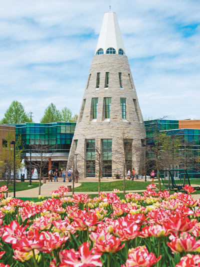 University Center with tulips