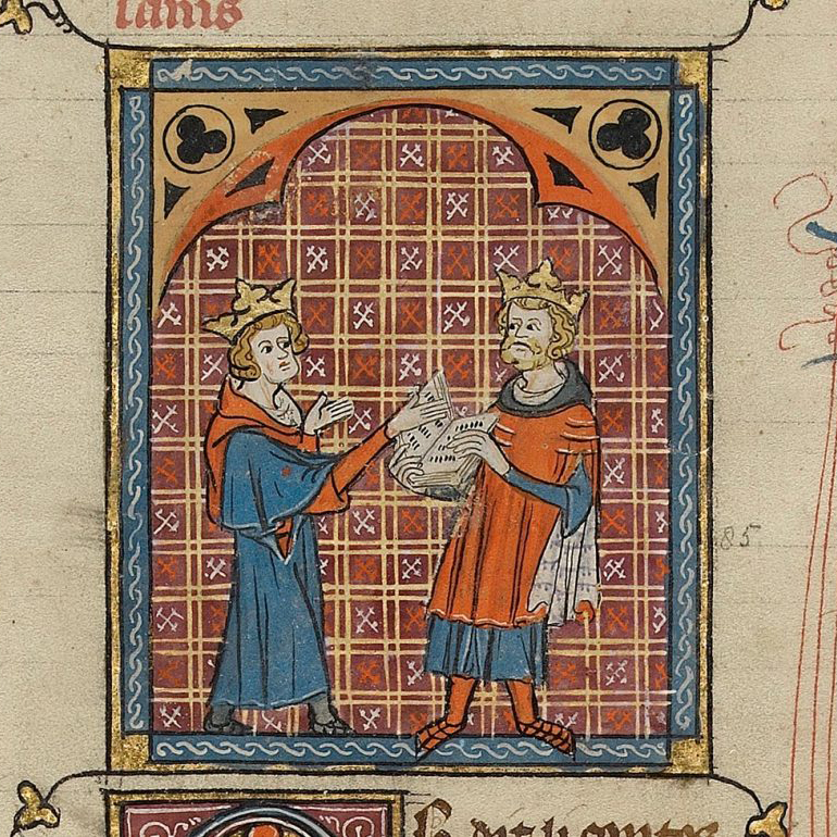 Medieval Illuminated Manuscript with two men discussing a book